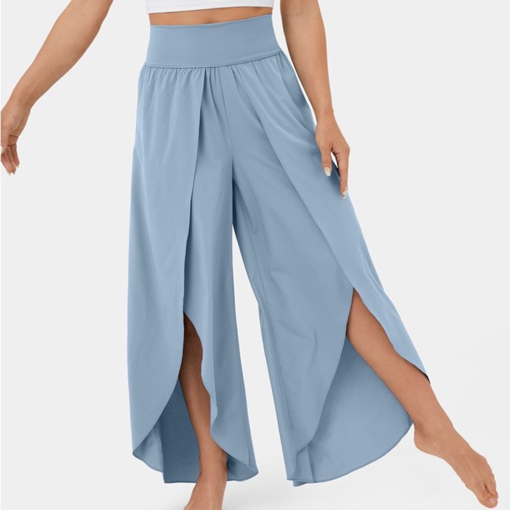 Halara High Waisted Back Waistband Pocket Palazzo Flowy Split Wide Leg Pants S